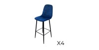 Lot de 4 tabourets LOLY, assise et dossier en velours bleu, structure en métal noir