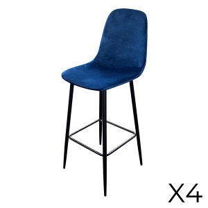 Lot de 4 tabourets LOLY, assise et dossier en velours bleu, structure en métal noir