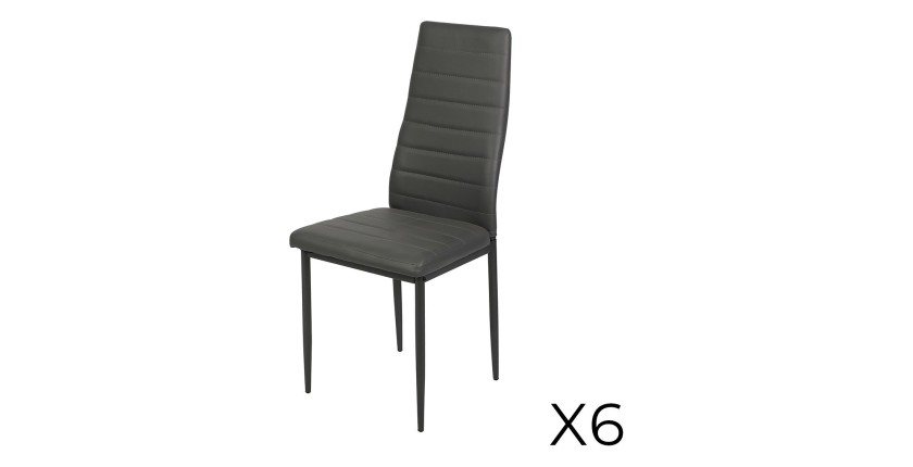 Lot de 6 chaises DANIEL, assise et dossier effet cuir gris, structure en acier noir