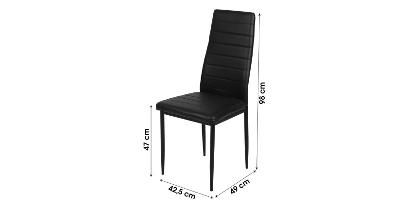 Lot de 6 chaises DANIEL, assise et dossier effet cuir noir, structure en acier noir