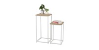 Lot de 2 sellettes PUEBLO, structure en métal blanc, plateaux coloris chêne clair