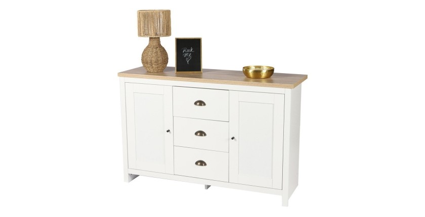 Buffet avec 2 portes et 3 tiroirs design colonial – 119x39,5xH77 cm, coloris blanc et plateau chêne clair – Collection MADERA