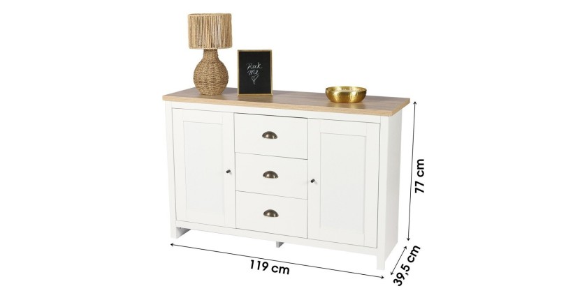 Buffet avec 2 portes et 3 tiroirs design colonial – 119x39,5xH77 cm, coloris blanc et plateau chêne clair – Collection MADERA