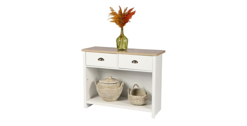 Console avec 1 étagère et 2 tiroirs design colonial – 97x35xH76 cm, coloris blanc et plateau chêne clair – Collection MADERA