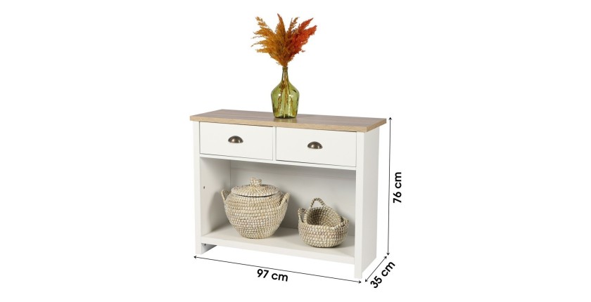 Console avec 1 étagère et 2 tiroirs design colonial – 97x35xH76 cm, coloris blanc et plateau chêne clair – Collection MADERA