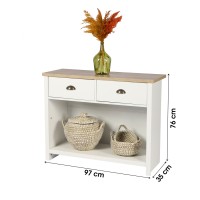 Console avec 1 étagère et 2 tiroirs design colonial – 97x35xH76 cm, coloris blanc et plateau chêne clair – Collection MADERA