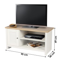 Meuble TV avec 2 niches et 1 porte design colonial – 95x40xH49 cm, coloris blanc et plateau chêne clair – Collection MADERA