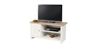 Meuble TV avec 2 niches et 1 porte design colonial – 95x40xH49 cm, coloris blanc et plateau chêne clair – Collection MADERA