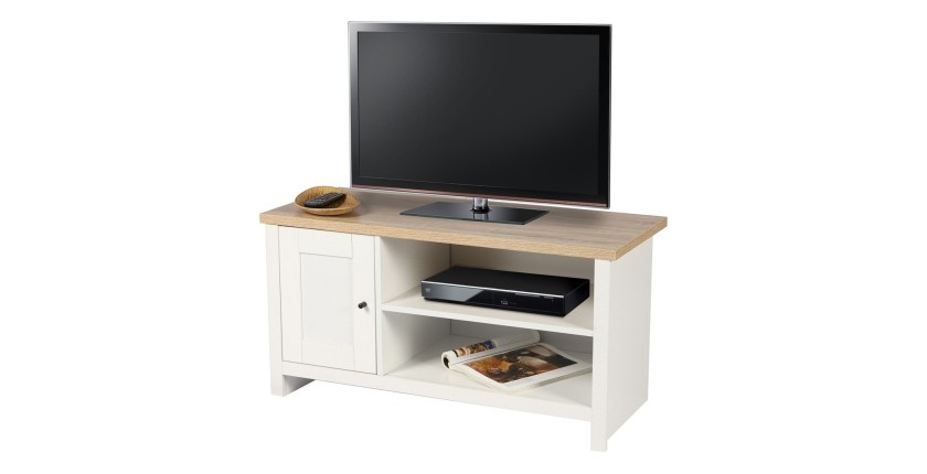 Meuble TV avec 2 niches et 1 porte design colonial – 95x40xH49 cm, coloris blanc et plateau chêne clair – Collection MADERA