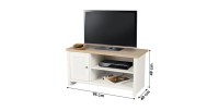 Meuble TV avec 2 niches et 1 porte design colonial – 95x40xH49 cm, coloris blanc et plateau chêne clair – Collection MADERA