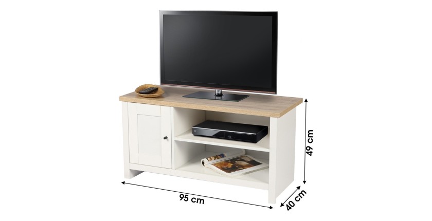 Meuble TV avec 2 niches et 1 porte design colonial – 95x40xH49 cm, coloris blanc et plateau chêne clair – Collection MADERA