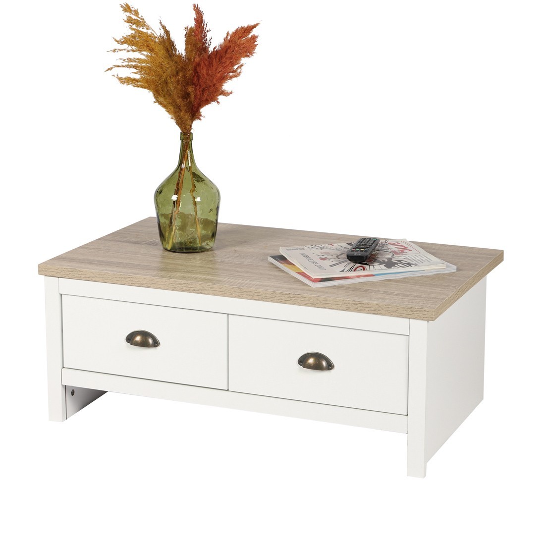 Salontafel met 2 lades in koloniale stijl - 90x53xH36 cm, wit en licht eiken blad - Collectie MADERA