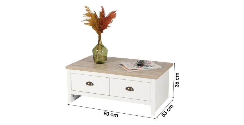 Meuble TV design colonial – 120x39,5xH42,5 cm, 2 tiroirs et 2 niches, coloris blanc et plateau chêne clair – Collection MADERA