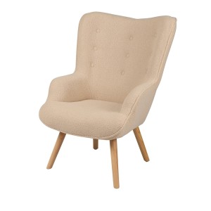 Fauteuil de salon en tissu teddy beige avec pieds en bois collection ENJOY. Style Scandinave