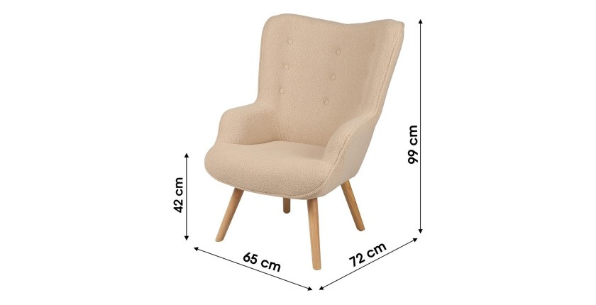 Fauteuil de salon en tissu teddy beige avec pieds en bois collection ENJOY. Style Scandinave