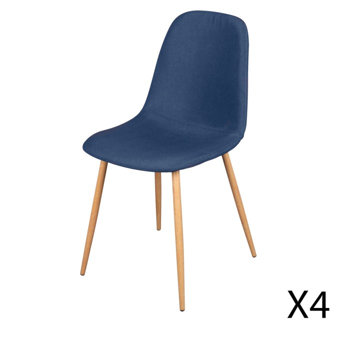 Lot de 4 chaises en tissu bleu avec pieds en métal effet bois – 45x87x54 cm, hauteur d'assise 49 cm – Collection NORDICA