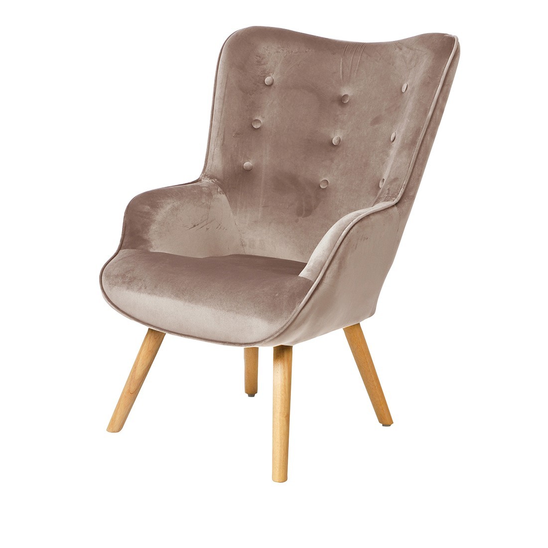 Fauteuil de salon en velours beige avec pieds en bois collection ENJOY. Style scandinave