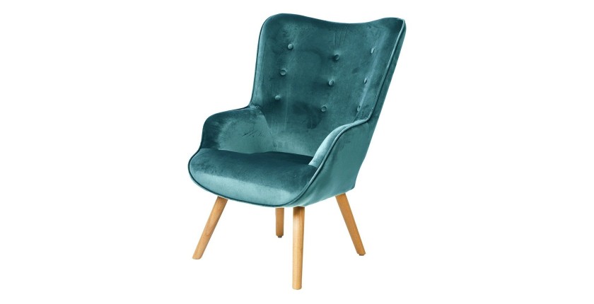 Fauteuil de salon en velours bleu canard avec pieds en bois collection ENJOY. Style scandinave