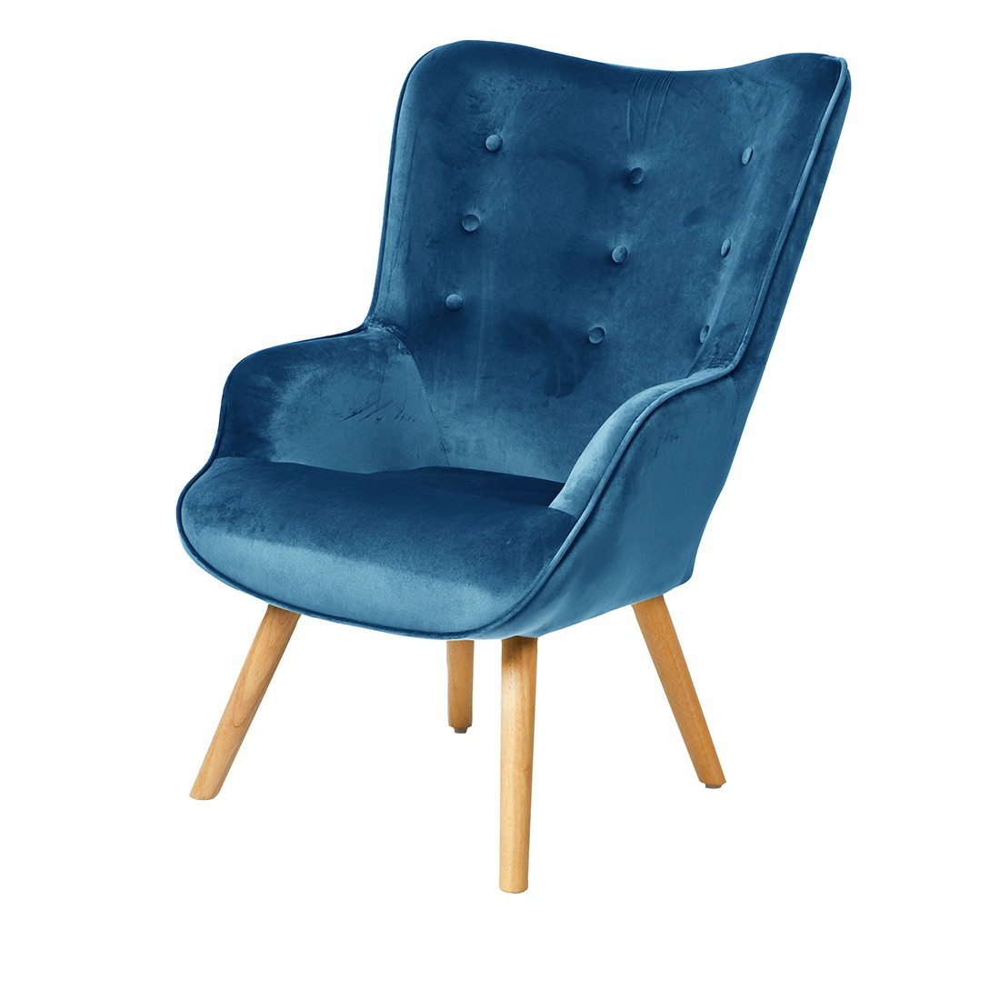 Fauteuil de salon en velours bleu nuit avec pieds en bois collection ENJOY. Style scandinave