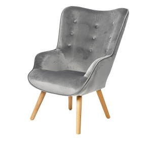 Fauteuil de salon en velours gris clair avec pieds en bois collection ENJOY. Style scandinave