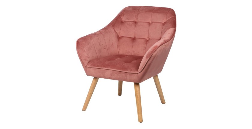 Fauteuil en velours rose avec pieds en bois – 74x70xH85 cm, hauteur d'assise 43 cm – Collection VELUREA