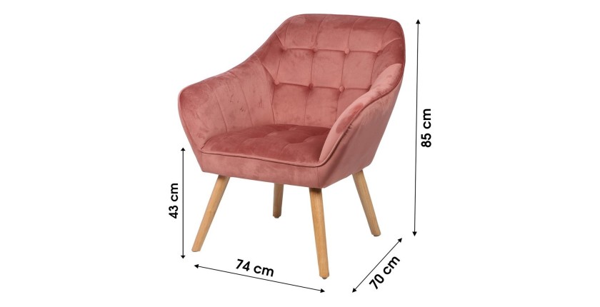 Fauteuil en velours rose avec pieds en bois – 74x70xH85 cm, hauteur d'assise 43 cm – Collection VELUREA