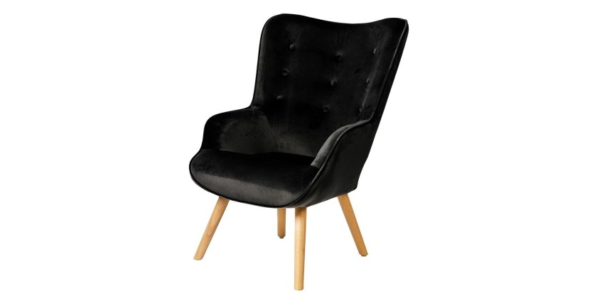 Fauteuil de salon en velours noir avec pieds en bois collection ENJOY. Style scandinave