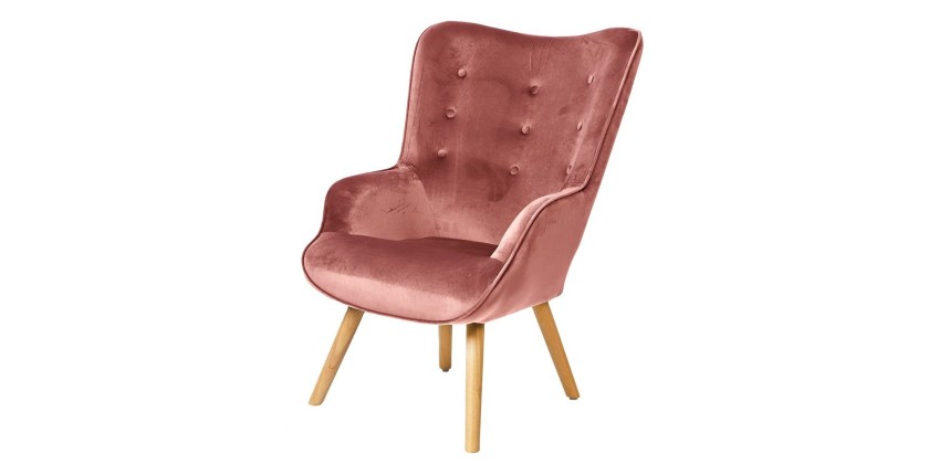 Fauteuil de salon en velours rose avec pieds en bois collection ENJOY. Style scandinave