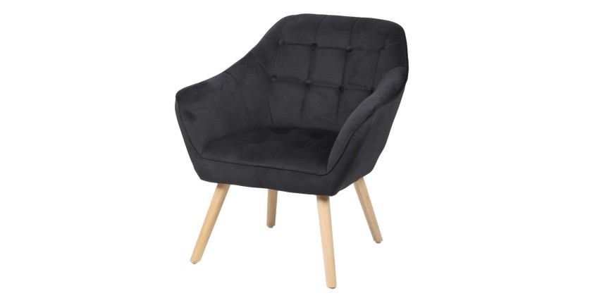 Fauteuil en velours noir avec pieds en bois – 74x70xH85 cm, hauteur d'assise 43 cm – Collection VELUREA