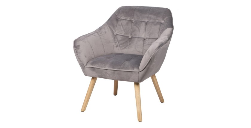 Fauteuil en velours gris clair avec pieds en bois – 74x70xH85 cm, hauteur d'assise 43 cm – Collection VELUREA