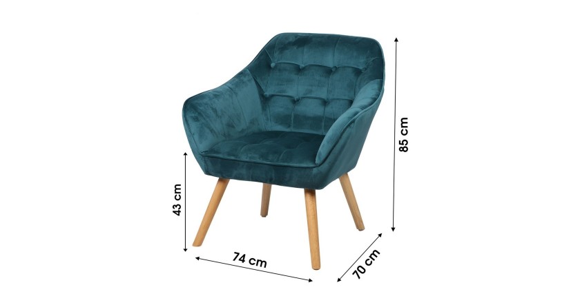 Fauteuil en velours bleu canard avec pieds en bois – 74x70xH85 cm, hauteur d'assise 43 cm – Collection VELUREA