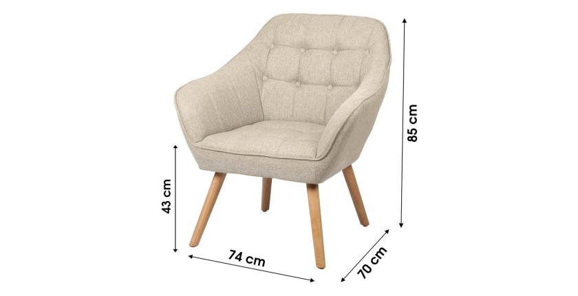 Fauteuil en tissu beige avec pieds en bois – 74x70xH85 cm, hauteur d'assise 43 cm – Collection ARCTIKA