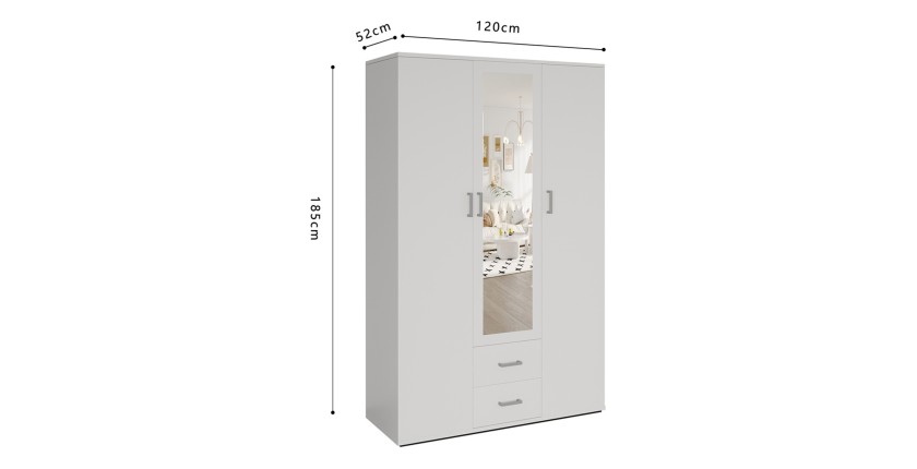 Armoire 3 portes avec miroir TOM – Dimensions H185 x L120 x P52 cm – Coloris blanc – Style design