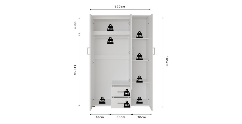 Armoire 3 portes avec miroir TOM – Dimensions H185 x L120 x P52 cm – Coloris blanc – Style design