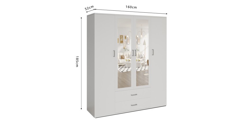 Armoire 4 portes avec 2 miroirs TOM – Dimensions H185 x L160 x P52 cm – Coloris blanc – Style design