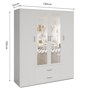 Armoire 4 portes avec 2 miroirs TOM – Dimensions H185 x L160 x P52 cm – Coloris blanc – Style design