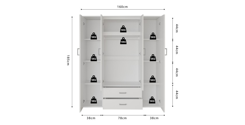 Armoire 4 portes avec 2 miroirs TOM – Dimensions H185 x L160 x P52 cm – Coloris blanc – Style design