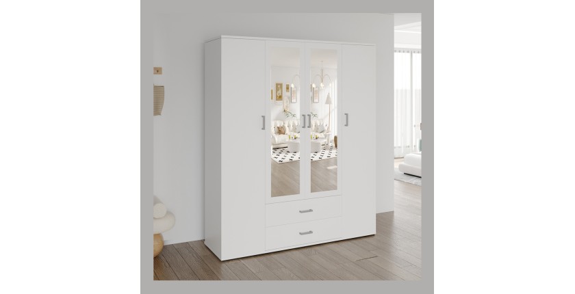 Armoire 4 portes avec 2 miroirs TOM – Dimensions H185 x L160 x P52 cm – Coloris blanc – Style design