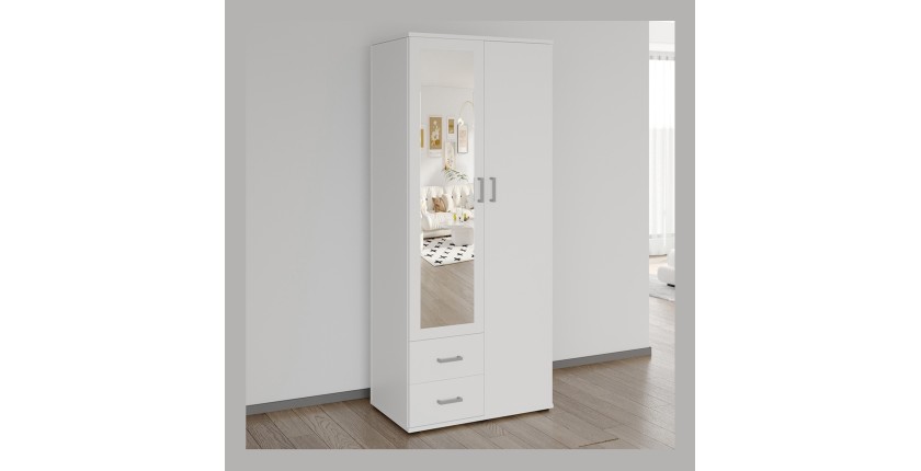 Armoire 2 portes avec miroir TOM – Dimensions H185 x L80 x P52 cm – Coloris blanc – Style design