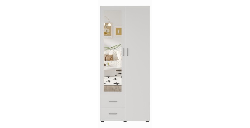 Armoire 2 portes avec miroir TOM – Dimensions H185 x L80 x P52 cm – Coloris blanc – Style design