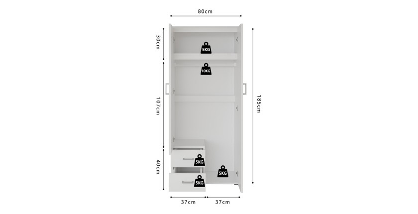 Armoire 2 portes avec miroir TOM – Dimensions H185 x L80 x P52 cm – Coloris blanc – Style design