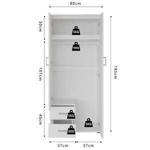 Armoire 2 portes avec miroir TOM – Dimensions H185 x L80 x P52 cm – Coloris blanc – Style design