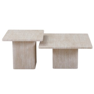 Set de 2 tables basses gigogne EDEN – Décor travertin beige – Dimensions H52-42 x L60-80 x P60-80 cm – Style moderne