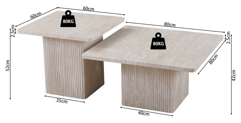 Set de 2 tables basses gigogne EDEN – Décor travertin beige – Dimensions H52-42 x L60-80 x P60-80 cm – Style moderne