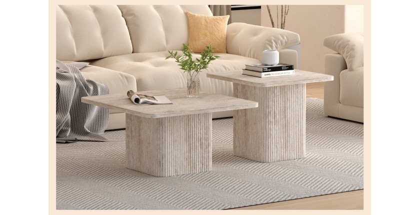 Set de 2 tables basses gigogne EDEN – Décor travertin beige – Dimensions H52-42 x L60-80 x P60-80 cm – Style moderne