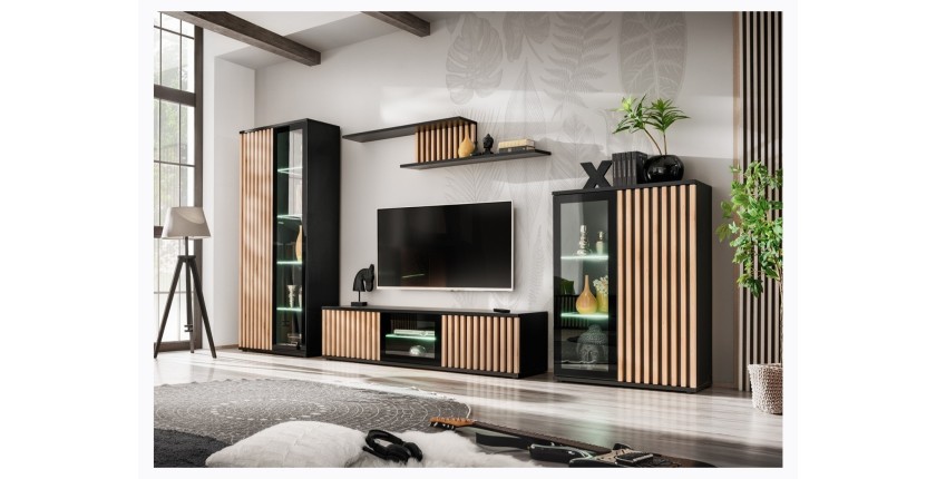 Meuble TV 160cm coloris chêne et noir collection DEAN. Meuble design avec 2 portes et 2 niches.