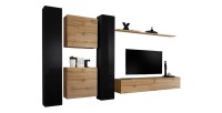 Ensemble de meubles supsendus pour votre salon mural collection SWITCH VI. Coloris chêne Wotan et noir brillant.