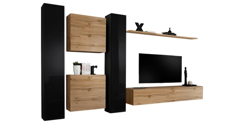 Ensemble de meubles supsendus pour votre salon mural collection SWITCH VI. Coloris chêne Wotan et noir brillant.