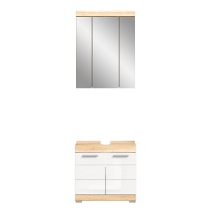 Ensemble de meubles de salle de bain RIDLEY – Meuble sous vasque et rangement miroir – Blanc et chêne clair