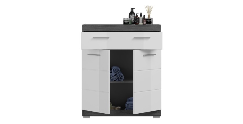 Meuble de rangement bas SCOTT – 2 portes et 1 tiroir – Gris foncé et blanc – 74x88x31 cm